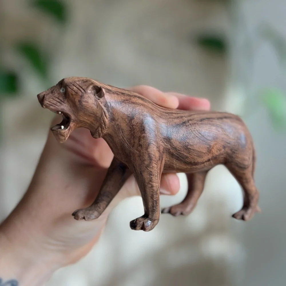 Vintage Hand-Carved Wooden Tiger Figurine Teak Jungle Cat Sculpture Safari Decor